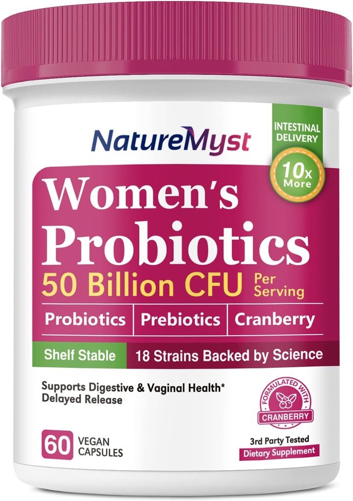Ženski probiotiki, 50 milijard CFU, 18 Sevi za ženske, Plus Prebiotic & Cranberry, Podpora Prebavne, Vaginalno in urinarno zdravje, Rokavice Stable, 60 Zapoznela sprostitev Veganske kape