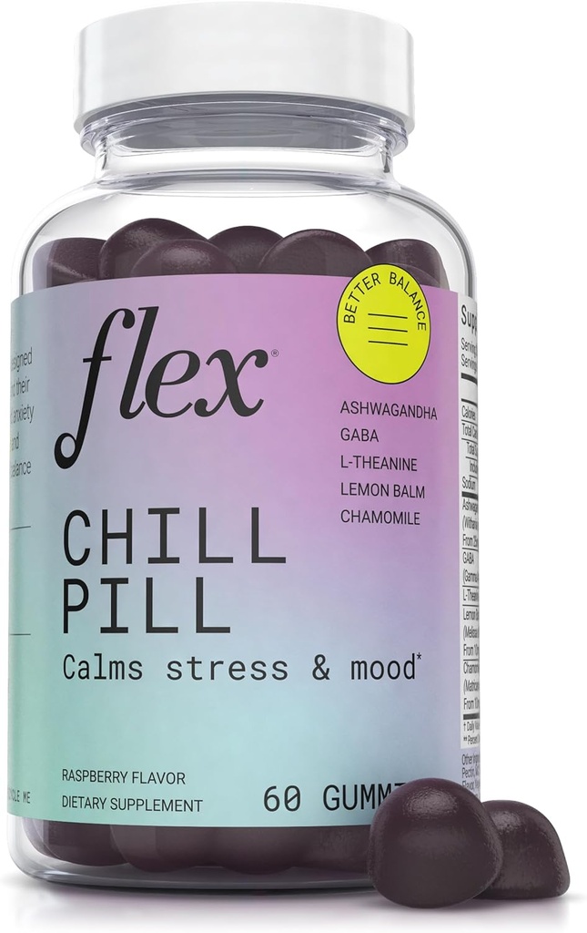 FLEX Chill tabletke - Stres Relief - Balance - Pomaga sprostiti - Ashwagandha - L-Theanine - GABA - Kamilica - Lemon Balm - Berry Flavor - Vegan-Prijatelj - Gluten-free - 60 Gummies (Chill tabletke)