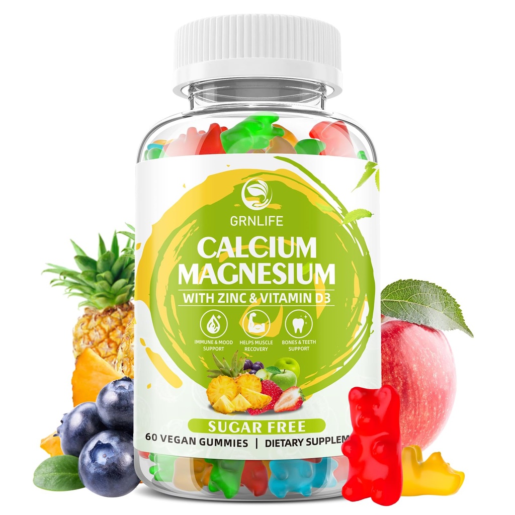 Kalcij Magnezijev cink dodatek z vitaminom D3, brez sladkorja kalcijeve žvečilke za ženske, velike jakosti Magnezije Gumiji za kosti in mišice in imuno zdravje, mešane arome - 60 Count
