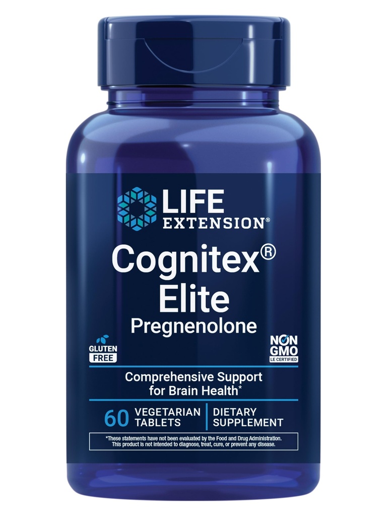 Life Extension Cognitex® Elite Pregnenolone, žajbelj, borovnica, ashwagandha, fosfatidilserin, Napredna formula, Pozor, Fokus, Spomin, Gluten-free, Non-GMO, Vegetarian, 60 tablet