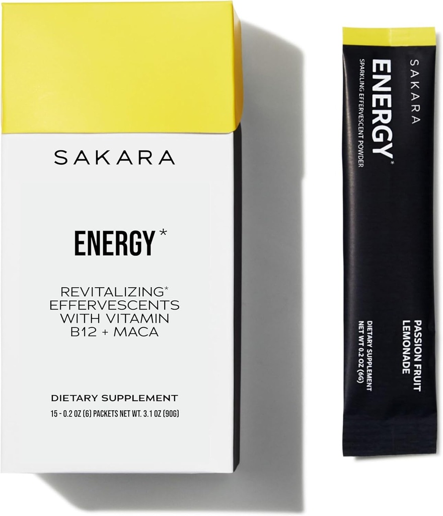 SAKARA Energy Effervescents, 15 Packets - Refined Sugar Free Electrolytes Powder Packets with Vitamin B12 & L Theanine, Flavored Water Packets, Hydration Powder, Energy Drink Electrolyte Powder