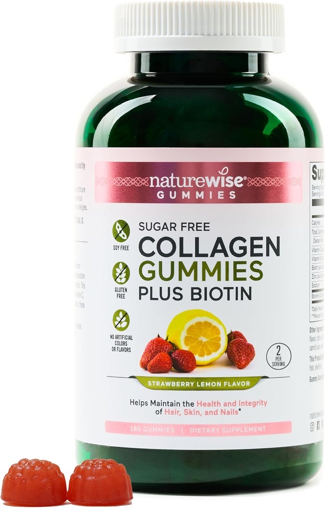 NatureWise Collagen Gumies - Sugar-free Hydrolyzed Colagen Gumies - Tip 1 & 3 Peptide za ženske + Biotin, Vitamin C, E, in cink za podporo las kože in nohtov - 180 Count[3-mesečna zaloga]