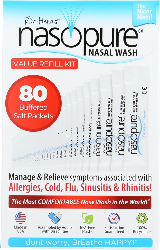 Nazopure Nazal Wash, Vrednote ponovno polnjenje Kit, “Nicer Neti Pot” Sinus Wash Kit, Udobno Nasal Rinse 80 Sol Packets (3,75 Grams vsak), Nasal Congestion, Cold, Flu, Alergy, Nasal namakanje sistem