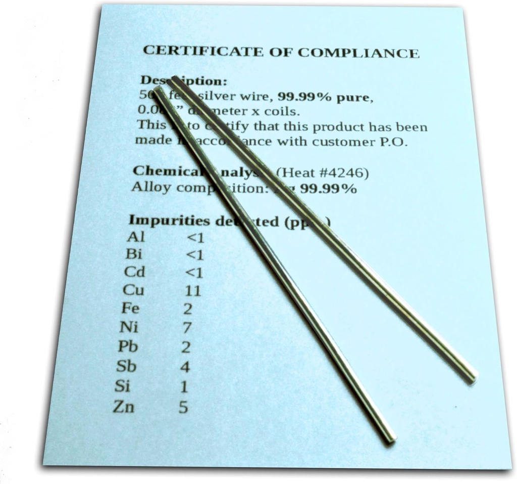 Coloidal Silver Generator Wire Zajamčena 99,99% Pure - Garnitura (2) 4" Elektrode Rods 12-Gauge (0,08 in. / 2.06 mm) s certifikatom o skladnosti/Celotna kemična analiza zlitine Sestava