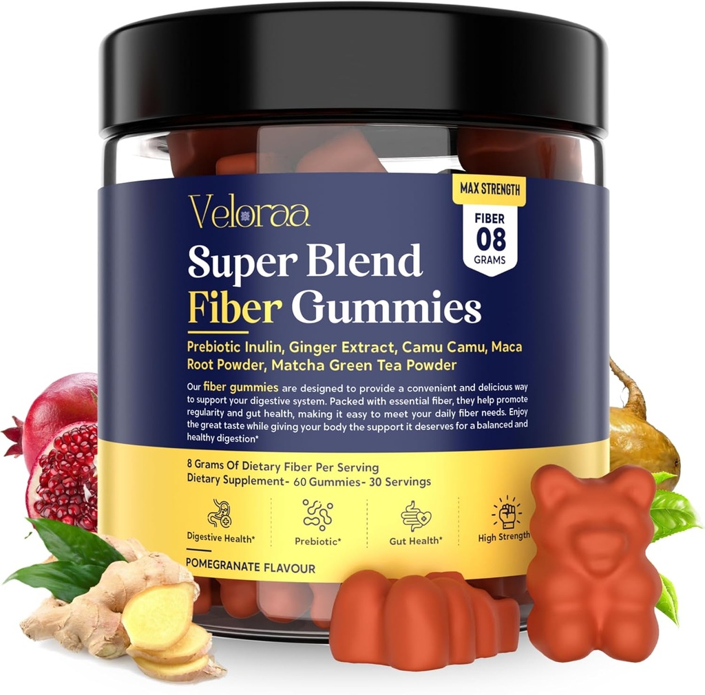 Super mešanica fiber Gumies za odrasle – 8g Prebiotične fiber Gumies, Podpira prebavno zdravje, napihnjenost Relief & Wellness, Infunded z Ginger, Camu Camu & Matcha, Jagodna aroma – 60 Count