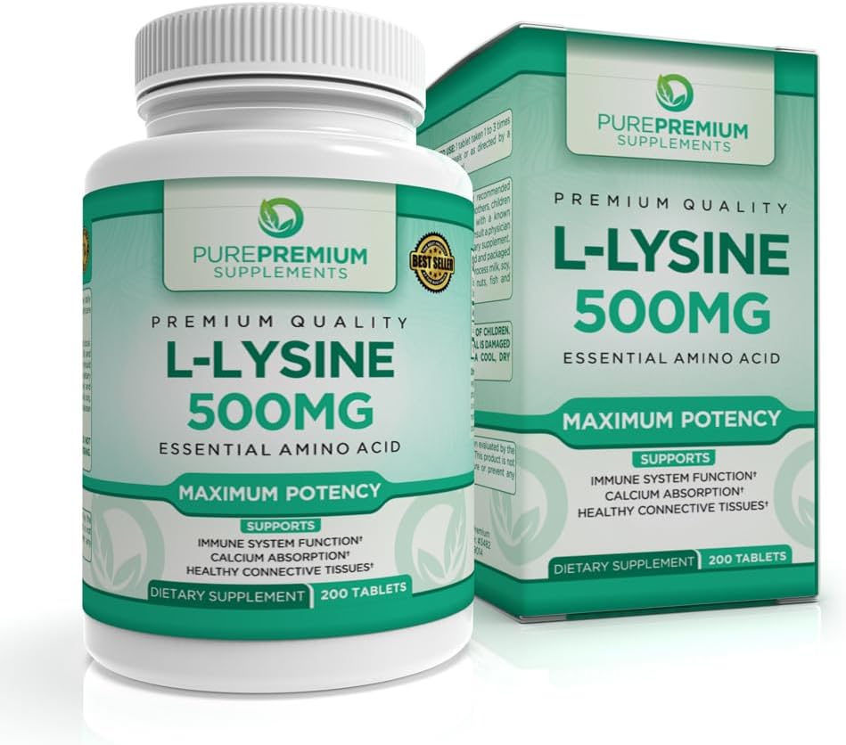 PurePremium L-Lysine 500 mg dodatek - Esencialna aminokislina z največjo jakostjo - Imunska podpora dodatek - Pure Lysine 500mg za hitro absorpcijo - 7 mesecev dobave - 200 Tablete