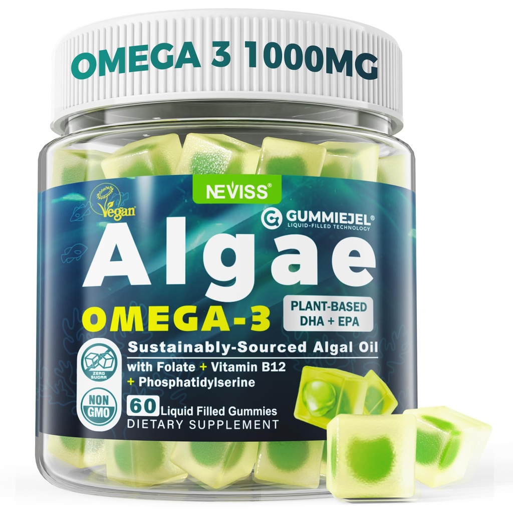 Veganski omega-3 Gumiji za odrasle, ribje olje Alternativno iz algovega olja, rastlinsko osnovana DHA 460mg & EPA 230mg Plus metilFolat, vitamin B12, fosfatidilserin, brez ribjega okusa, vegan, sladkor brez, 60 Cts