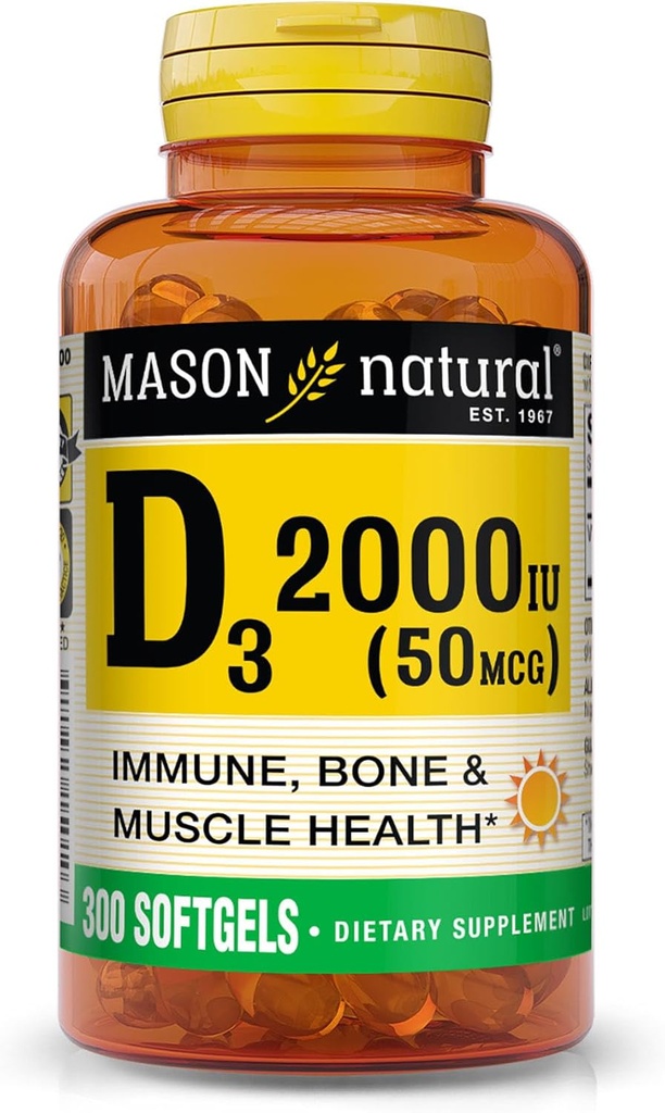 MASON NARAVNI Vitamin D3 2.000 i.e. ultra moč, podpira gostoto kosti, moč in imuno zdravje, 300 Softgels