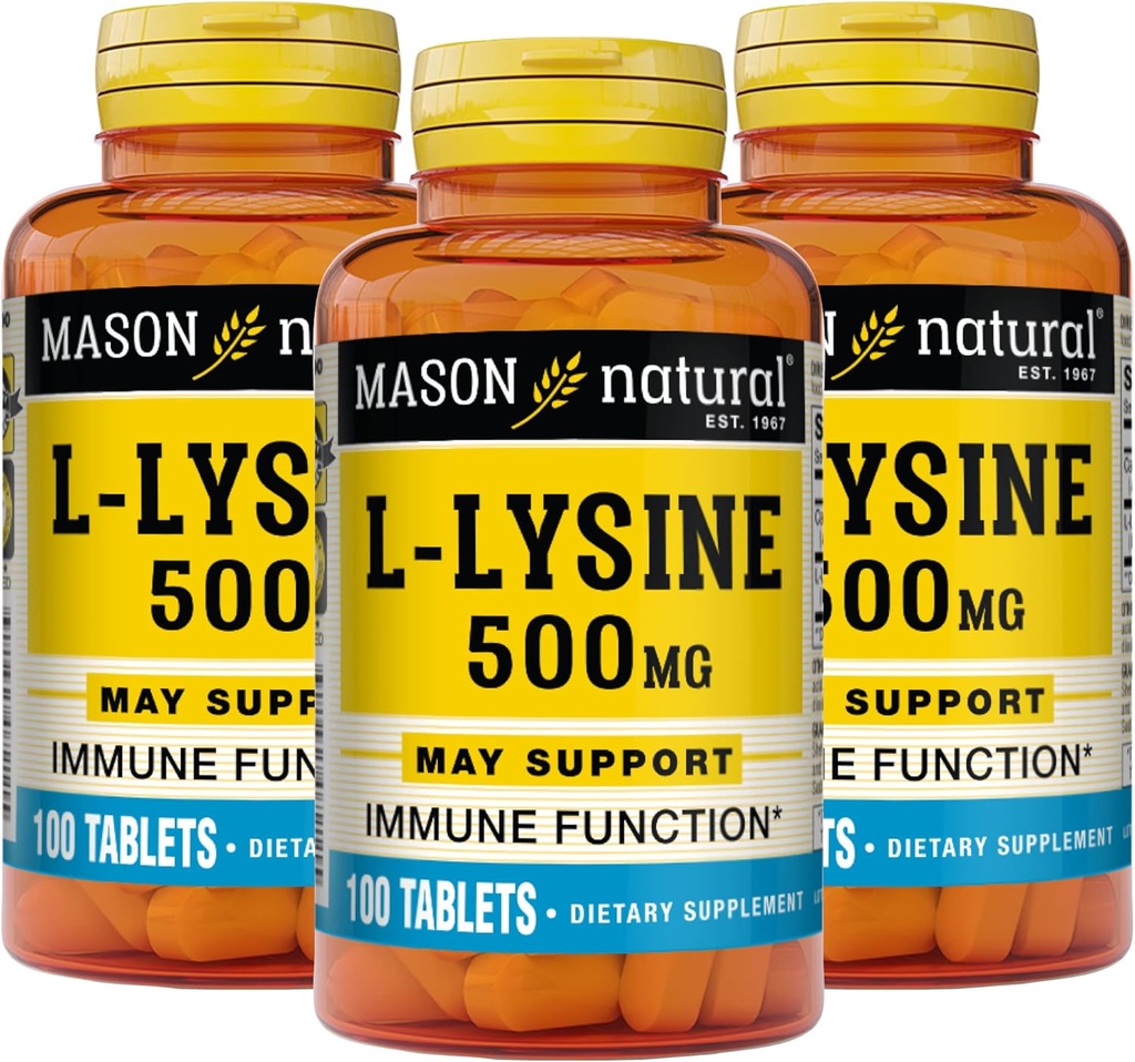 MASON NARAVNI L-Lysine 500 mg z izboljšanim imunskim delovanjem, izboljšano absorpcijo hranilnih snovi, esencialno aminokislino, 100 tablet (paket po 3)