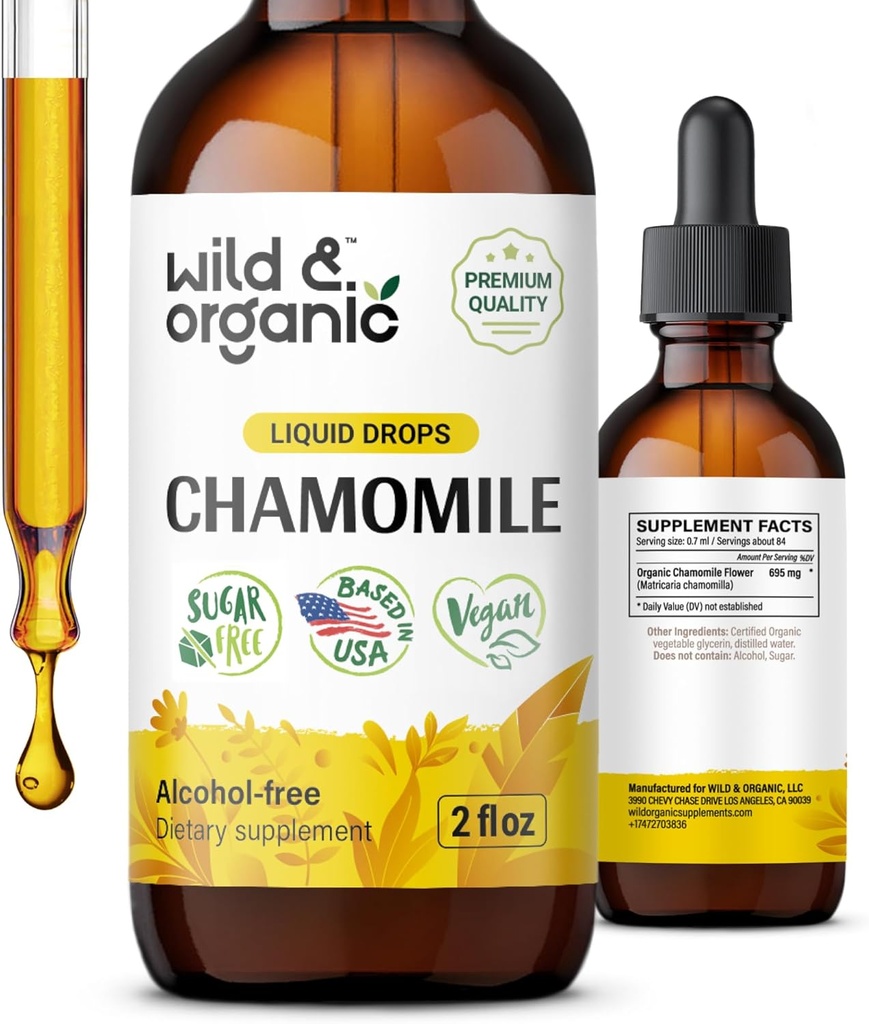 Divja in organska kamilica Tinktura - Relaksiranje in umirjanje Kamilica dodatek - Tekoči cvet Izvleček kapljice - Vegan, sladkor & Alkohol brez - 2 fl oz