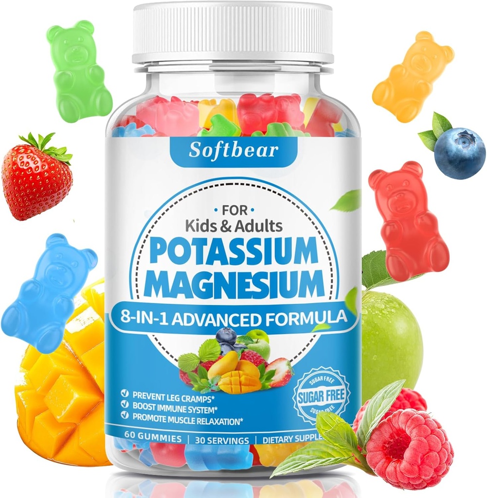 mehkega medveda Kalijeve žvečilke za odrasle, visoka absorpcija Kalij Magnezij dodatek z vitaminom B6 CoQ10 za noge Cramps in mišičje zdravje Sugar-free Vegan mešane sadne arome 60