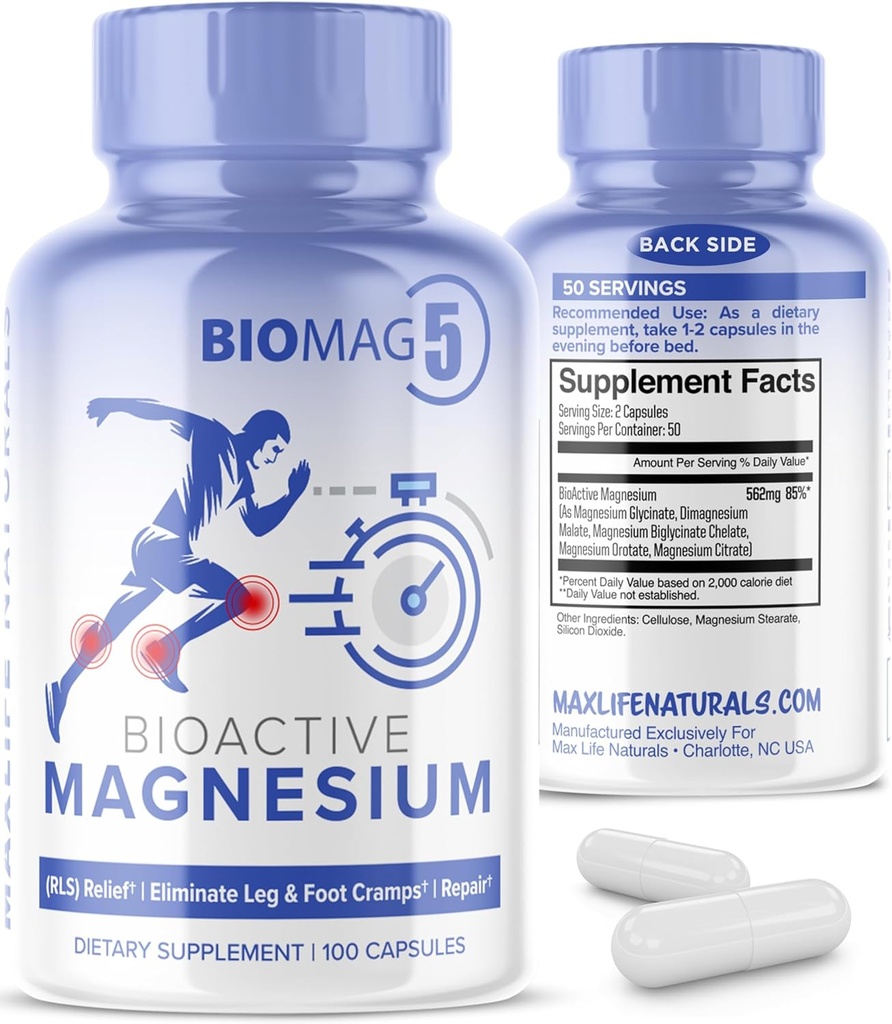 BioMag 5 Magnezijev kompleks Dodatek za ženske in moške, 100 kapsul - Formulirani v ZDA - BioActive and BioAvailable Magnezijev Glycinate Malate Citrat Orotat in Biglicinat Chelate dopolnila