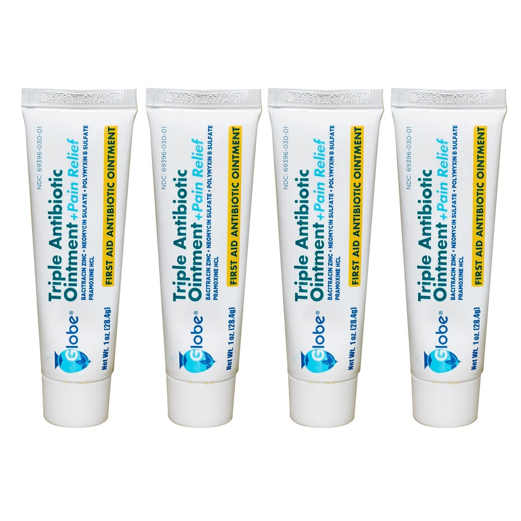 Globe (4 paket Triple Antibiotic + Pain Relief Mazilo 1oz, Prva pomoč Antibiotik, Blažilne bolečine, reže, opekline in madeži 24 ur varstvo okužbe