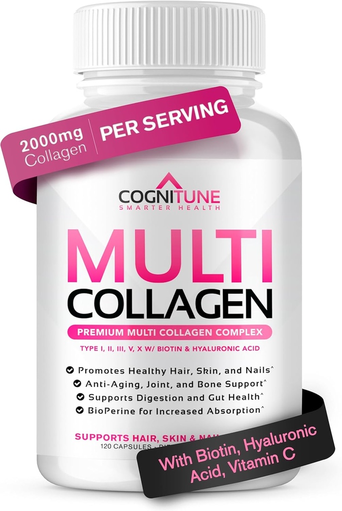 Multi colagen za ženske s hialuronsko kislino, vitaminom C in biotin, kolagenski proteini dodatek s tipi I, II, III, V, X peptidi za zdrave lase, kožo, nohte in sklepe, 120 kapsul