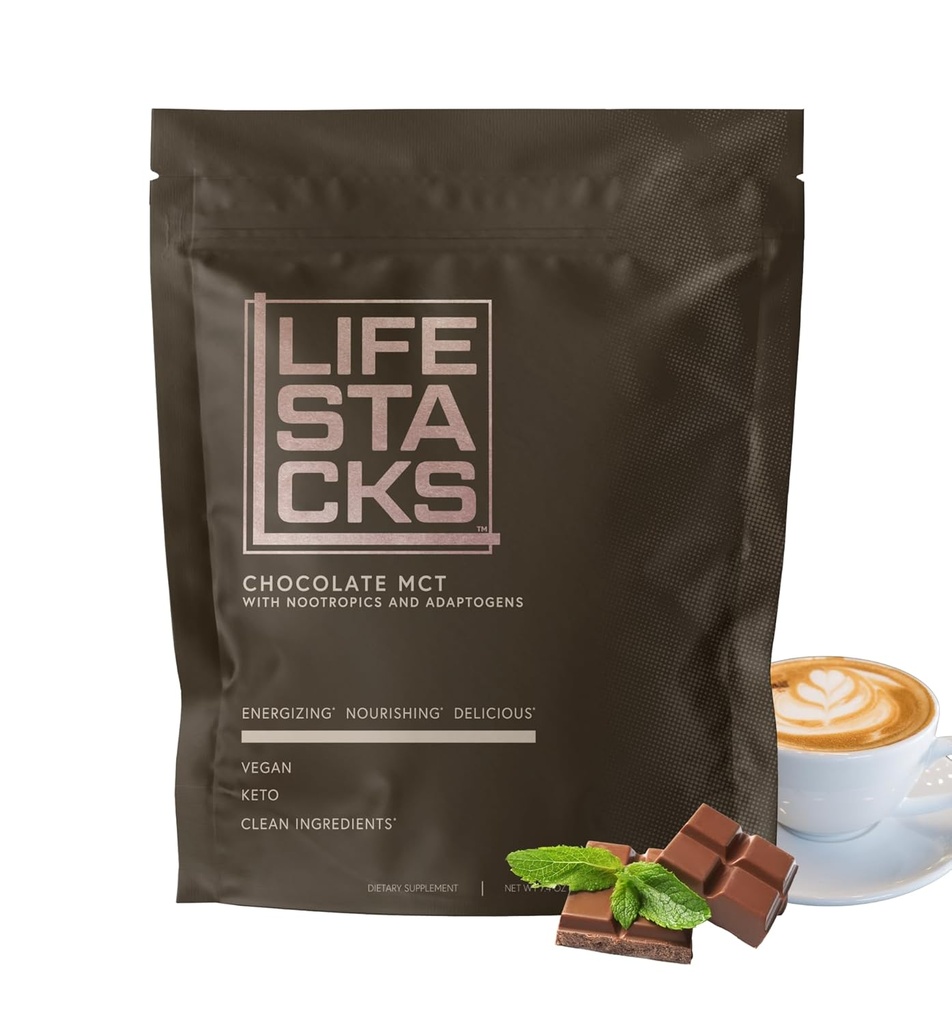 LIFESTAKS Fokus Chocolate Coffee Creamer for Energy - MCT Powder + Nootropics + Adaptogens - povečanje produktivnosti brez Jitters ali Crash - Keto, Vegan, 0 Sladkor - s Taurin, L-Tirozin, Rhodiola