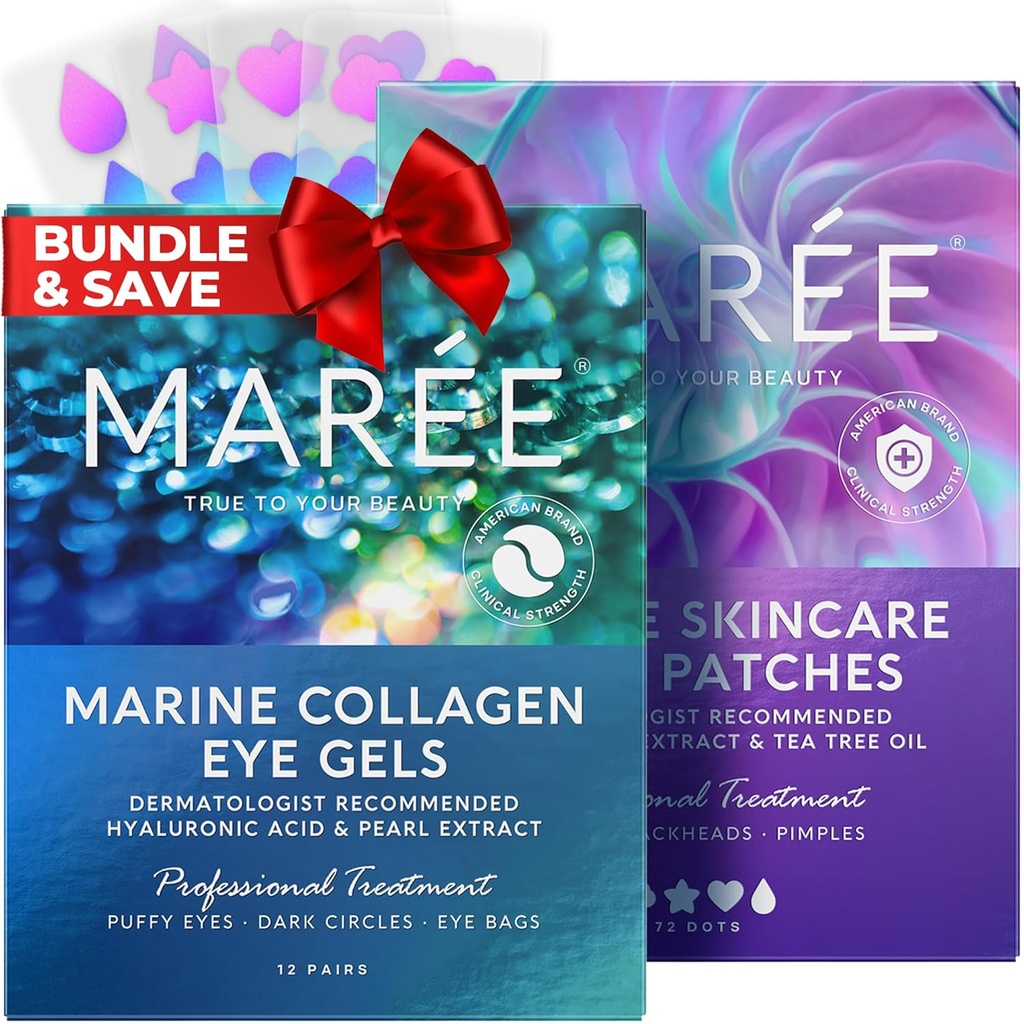 MAREE Eye Gels & Acne Сlearing naprave paket - Under Eye Gels za Puffy oči in temnih krogih, Hydrocololoid Acne Therapy Device - Marine Collagen & Hyaluronic Acid, Green Algae Extract & Tea Tree Oil