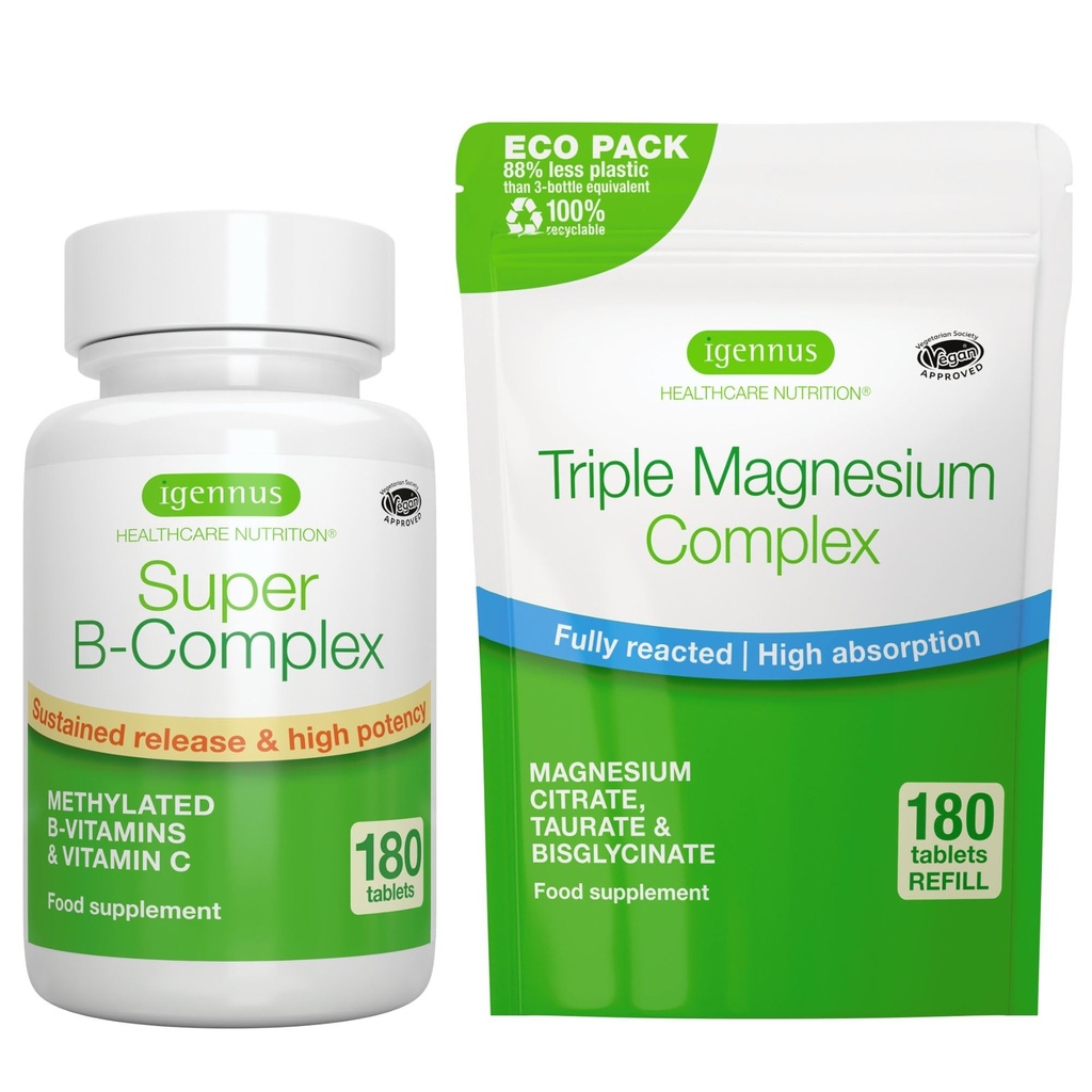 Super B- Complex 180 Tablete + Triple Magnezij Complex 180 Tablete Vegan paket, Metilirana trajen release B kompleks + Visoka absorpcija kelirani magnezijev glicinat, Taurat & Citrat, Igennus