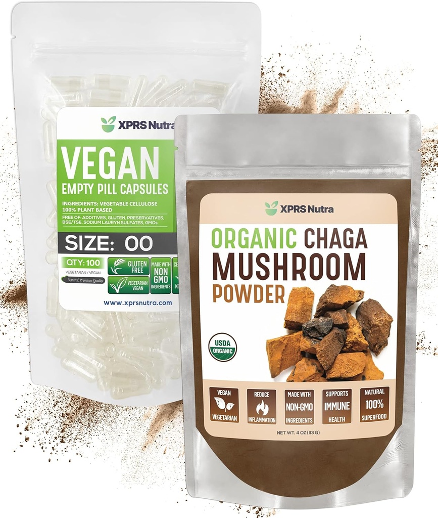 XPRS Nutra Organic Chaga Powder 4 Ounce s številko 00 predločene prazne kapsule (100-številčna)