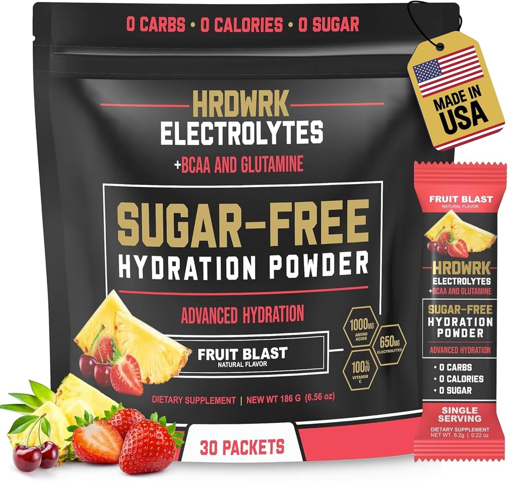 HRDWRK Elektrolitski paketi v prahu z magnezijem, kalijevim natrijem, keto hidracijo - BCAA elektrolitski paketi v prahu z glutaminom, 30 elektrolitski paketi v prahu brez sladkorja (Fruit Blast)