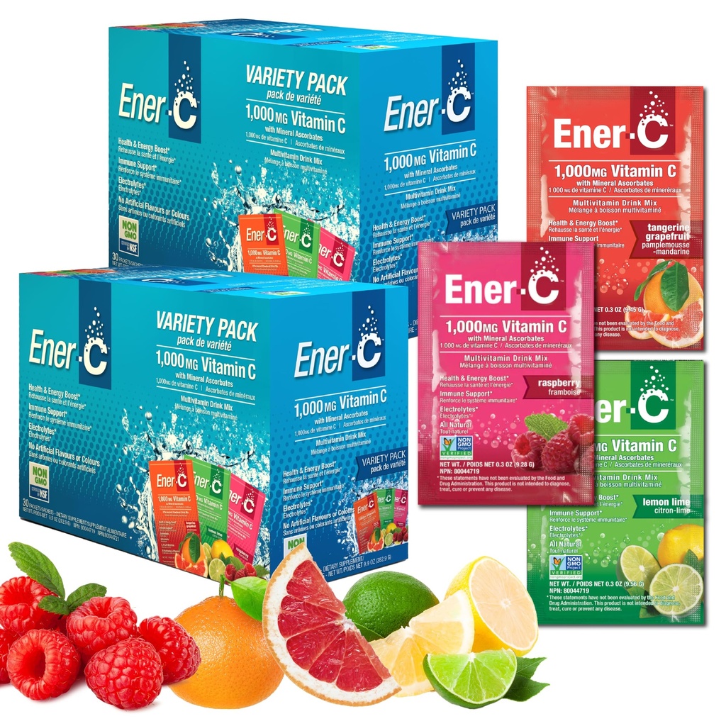 Ener-C multivitaminska mešanica - vitaminski paketi za vodo, elektrolitski paketi v prahu, vitaminski alkoholni mešanica, hidracijska tekoča mešanica, imunski spodbujevalec za odrasle, zdrava energija - varietetni paket, 60 števcev