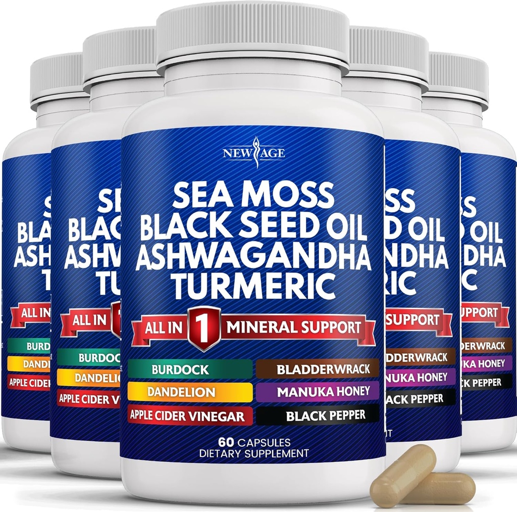 NOVA AGE Sea Moss Črno seme olje Ashwagandha Turmeric Bladderwrack Burdock - z Manuka, Medena Dandelion, ACV Črna paprika Gluten brezplačno
