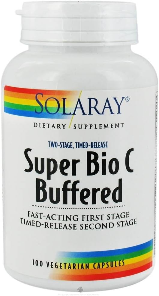 SOLARAY Super Bio Vitamin C 1000mg, pufer, čas release kapsule z bioflavonoidi, dvostopenjski za visoko absorpcijo in ves dan imunske podpore, Vegan, 60 dan garancije, 50 Serving, 100 VegCaps