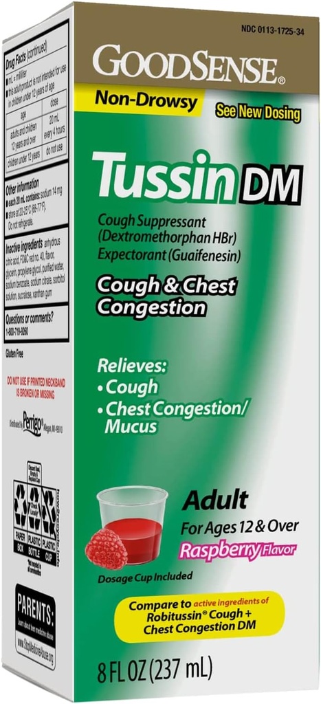 GoodSense Tussin Cough Syrup DM, Raspberry Flavor, učinkovito lajšanje za kašelj in zastoje v prsih, Thins Mucus, 8 Fl Oz