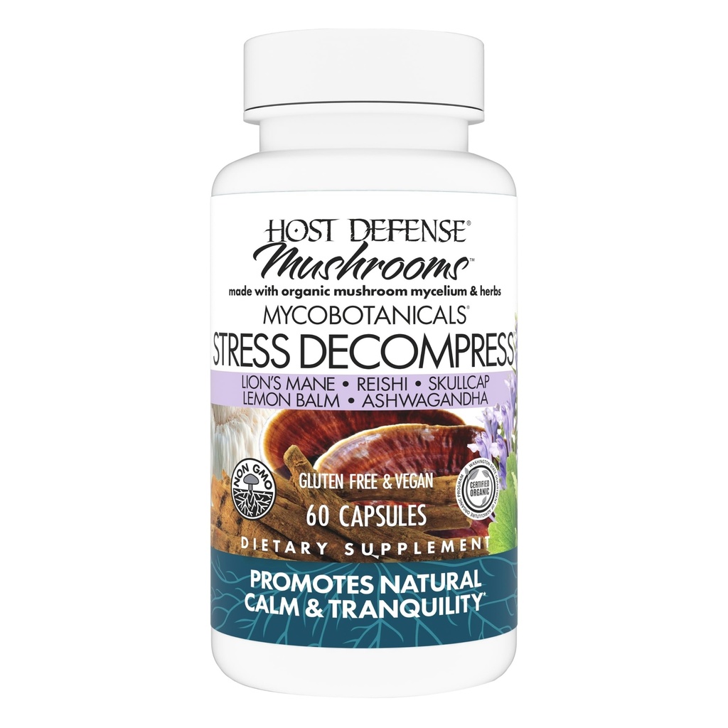 Host Defense MycoBotanicals Stres Dekompresija* Kapsule - Gobe dopolnilo z limonsko balzam & Ashwagandha Root - z Reishi, Lion's Man & Scullcap - 60 Kapsule (30 servingov)*