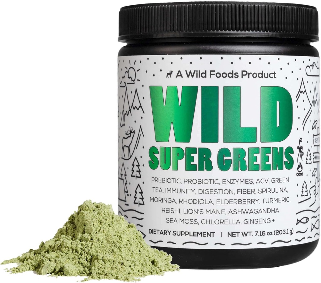 Divja živila Surovi Superzeleni v prahu Dnevni sok Pijte s probiotiki in Prebavne Enzyme Mešanica - Cela hrana izvira, 46 Rastlinsko-osnovani hranila, Non-GMO, Spirulina, Klorella, pšenična trava (30 Serving)