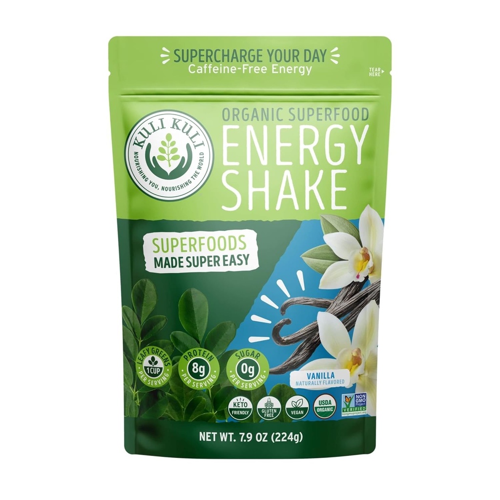 Kuli Kuli Organic Moringa Greens Smoothie Mix - Na rastlinah osnovani Superfood Protein Smoothie Mix, Vanilla, 7,9 Ounce Pouch, Vegan in Gluten-free z 8g Pea Protein in 1 Cup Zeleni na postrežbo