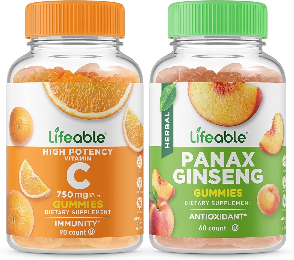 Življenjski vitamin C 750mg + Panax ginseng, Gummies Bundle - odličen okus, Vitamin dopolnilo, Gluten brezplačno, GSO brezplačno, Žvečljivi gumi