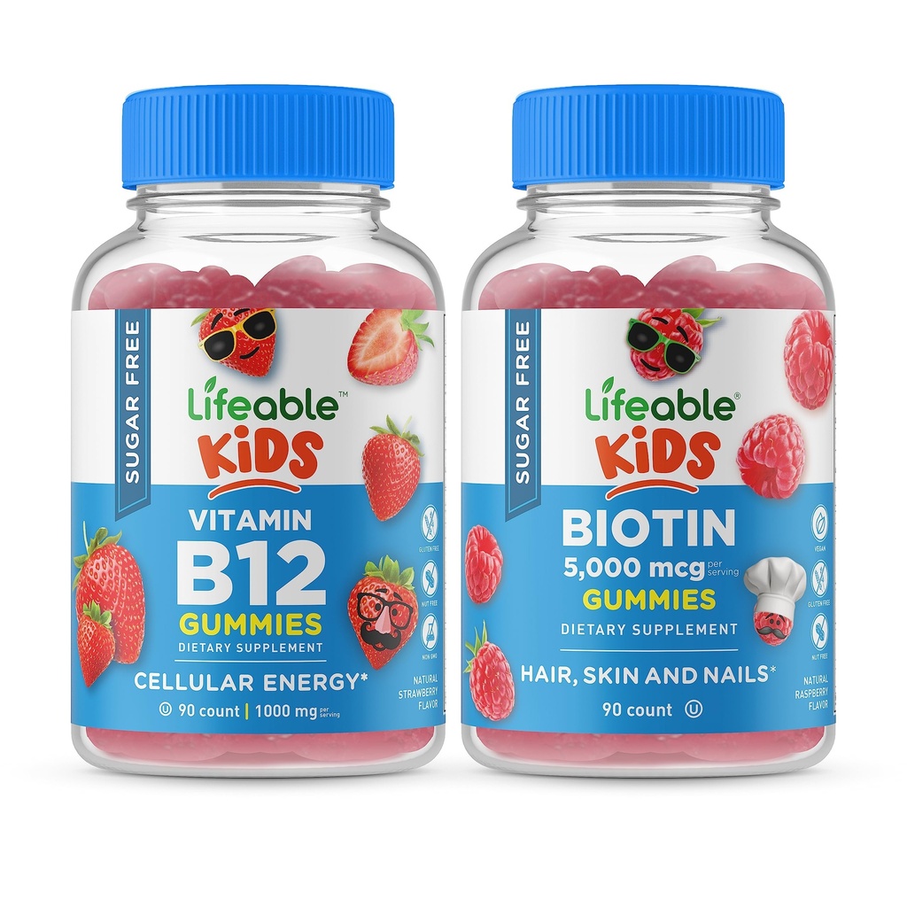 Življenjski sladkor brez vitamina B12 Otroci + Preciotične vlaknine Otroci, Gummies Bundle - odličen okus, Vitamin dodatek, Gluten brezplačno, GSO brezplačno, Žvečljivi gumi
