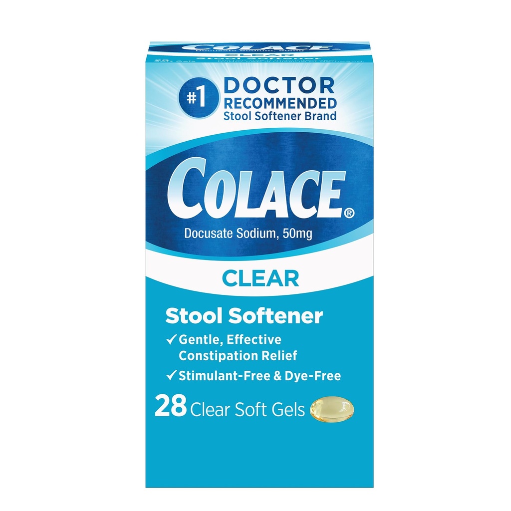 Colace Clear Stool Softener Soft Gel Kapsule Zaprtje Relief 50mg Docusate Natrijev zdravnik Priporočen 28ct