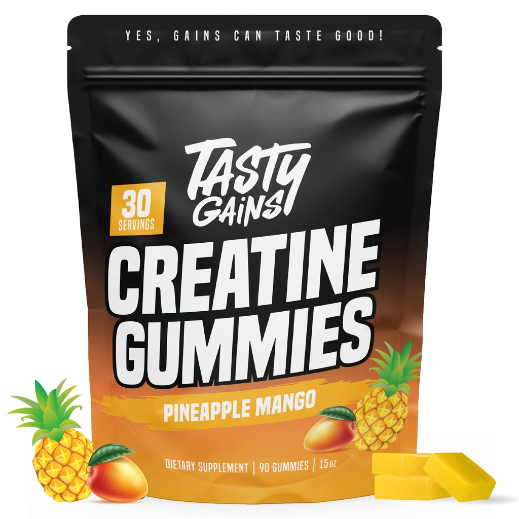 TASTY GAINS Kreatin Gummies - 90g kreatin monohidrat - Delovni dodatki - Gradite mišice & Boost moč za moške in ženske - Izdelano v ZDA - Non GSO - Vegan prijazno (Velika, Ananas Mango)