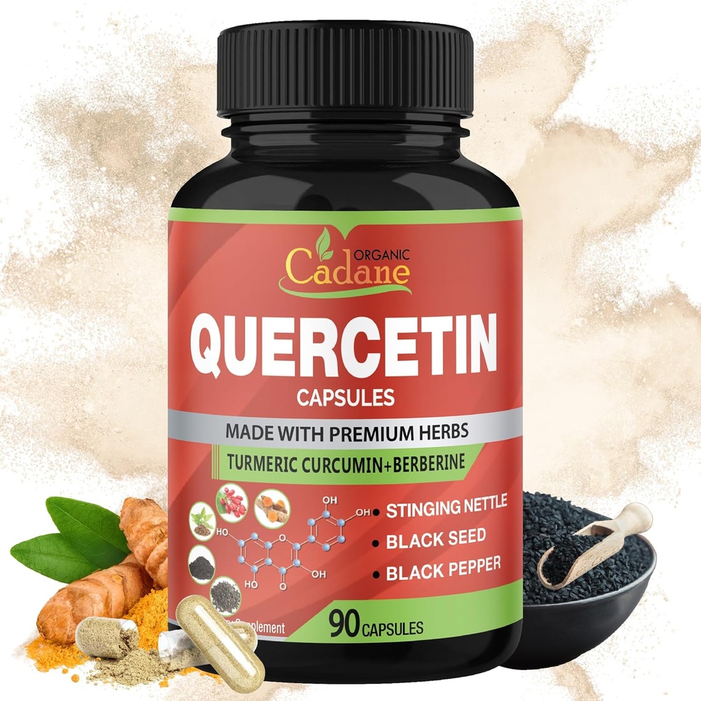 Organska Cadane Quercetin Extract kapsule, 90 kapsul, 3 mesece zaloge s Quercetin, Kurkumin, Berberine, Nettle, Black Seed Powder, Črna paprika.