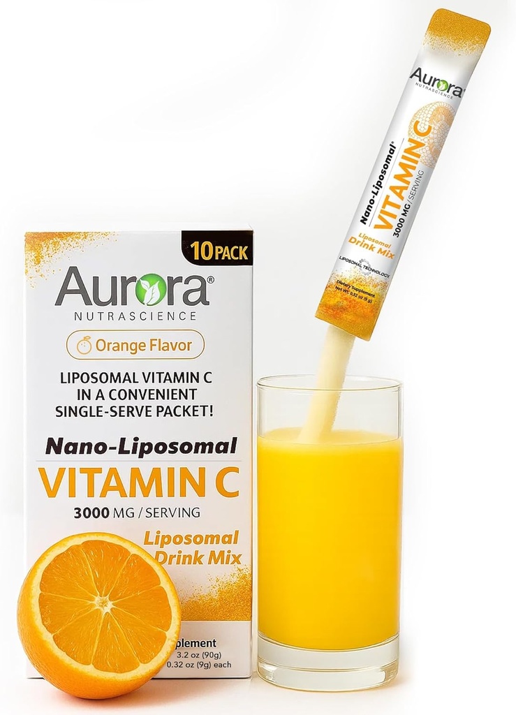 Aurora Nutrascience Nano-Pack Liposomal Vitamin C v prahu pijača mešamo, Imunska podpora, Visoka trdnost 3000 mg Na postrežbo 10 Posamično servo pakiranje, oranžna