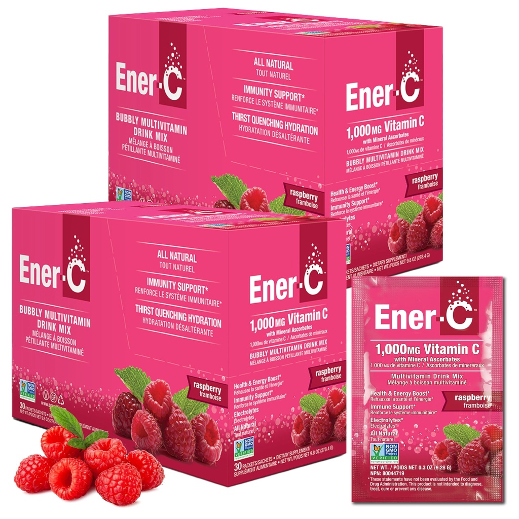 Ener-C multivitaminska mešanica - Vitaminski paketi za vodo, Elektrolitski paketi v prahu, Vitaminski alkohol Mix, Hidracija Tekoča mešanica, Imunski spodbujevalec za odrasle, Zdrava energija - Malina, 60 Število