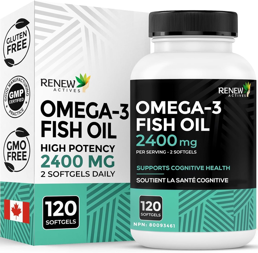 Renew Actives Omega-3 ribje olje 2400MG na 2 Softgels - 720MG EPA & DHA - Podpira srce, možgane, zdravje oči, & Triglicerid zmanjšanje - Brez ribjega pookusa - Made in Canada - 120 Softgels