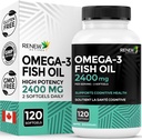 Renew Actives Omega-3 ribje olje 2400MG na 2 Softgels - 720MG EPA & DHA - Podpira srce, možgane, zdravje oči, & Triglicerid zmanjšanje - Brez ribjega pookusa - Made in Canada - 120 Softgels