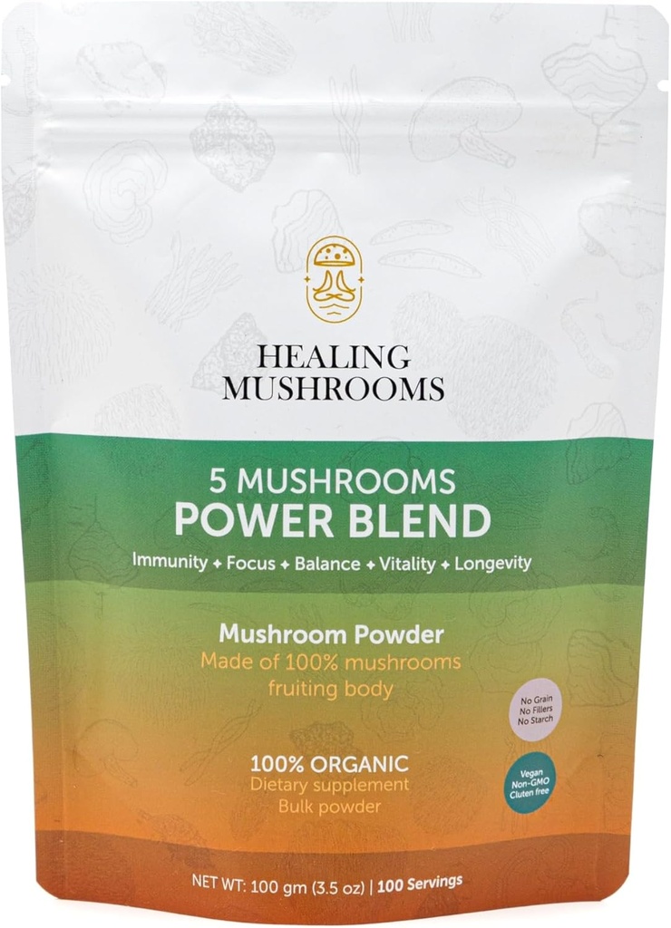 5 Gobe Moč Bland, Organski prah z levi Mane, Reishi, Cordyceps, Turčija rep, Chaga. 100 gramov