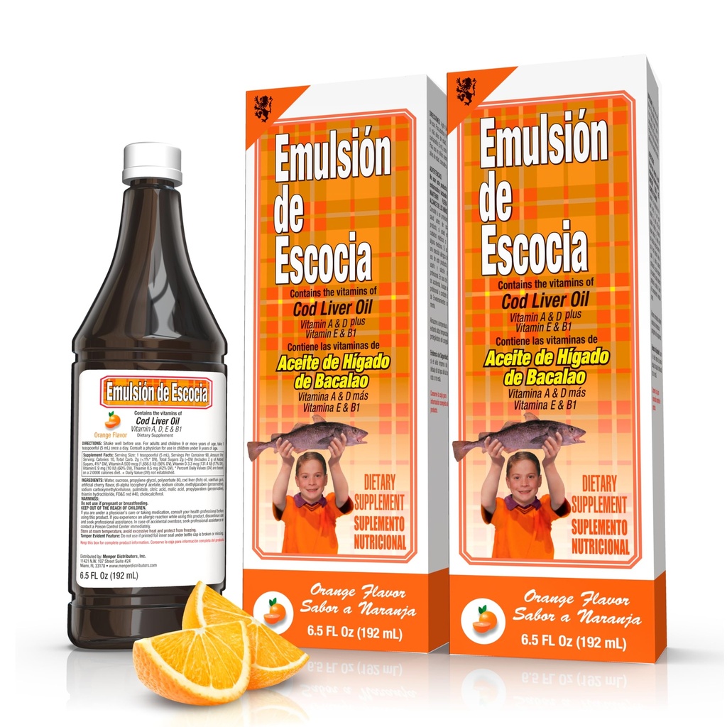 Emulsión de Escocia Cod Jetra Oil Complex z vitamini A, D, E, B1 - Natural Orange Flavor prehransko dopolnilo za imuno podporo in zdravje kosti - Essential Omega 3 ribje olje - 6.5 oz (2-Pack)