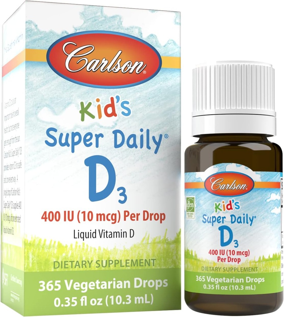 Carlson - Otroški super dnevni D3, otroci Kapljice vitamina D, 400 i.e. (10 μg) na kapljico, zdravje srca, Imunska podpora, vegetarijanske, kapljice tekočega vitamina D, nearomadne, 365 kapljic