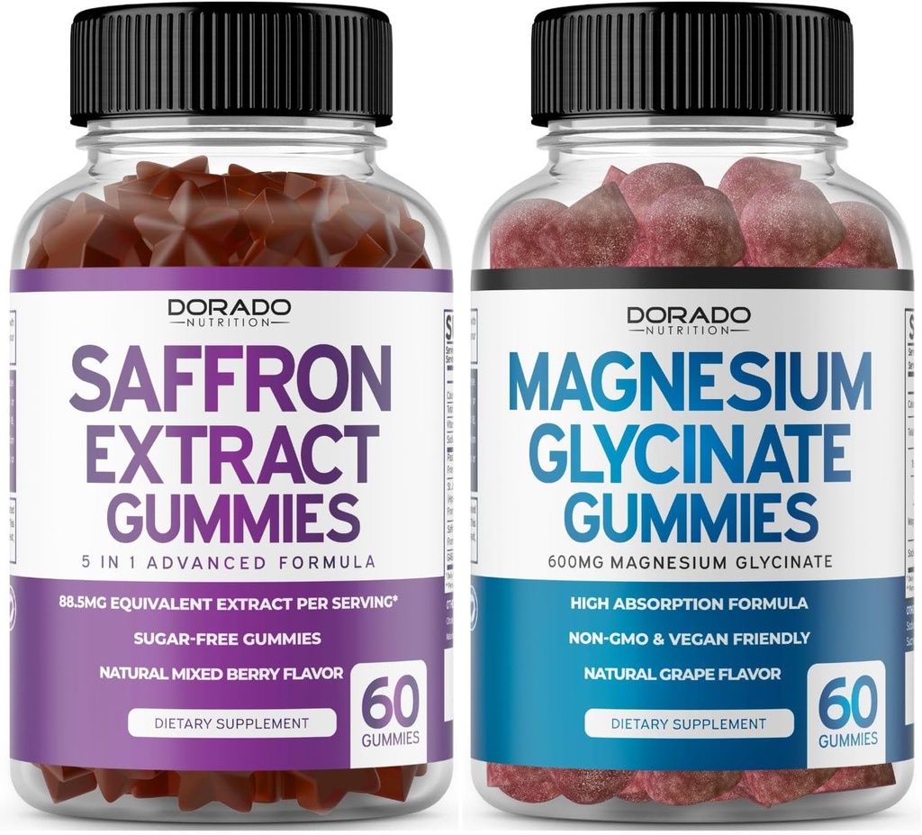 Saffron dopolnila (60 Gummies) 5 v 1 Napredna Formula Sugar Free Gummy - Okusna malina Okus in magnezij Glycinate (60 Count) Pure Glycinate Gummy za odrasle - Non-GMO, Vegan & ZDA Made