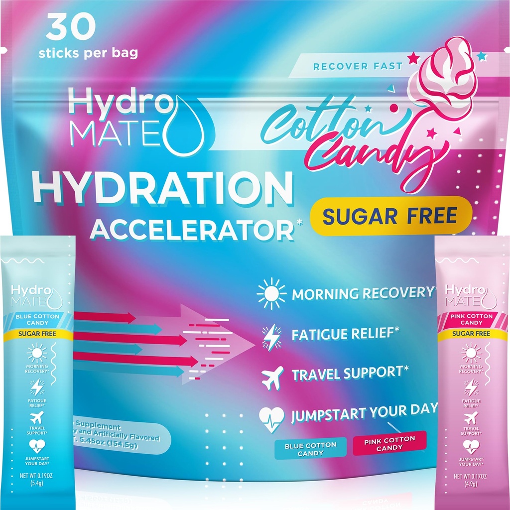 HydroMATE elektroliti v prahu št Sladkor Cotton Candy - 30 Count Instant Hydration Packets z vitaminom C za povečanje energije - Sladkor brez elektrolitov za podporo Hidracija na Keto diet & stranka okrevanje
