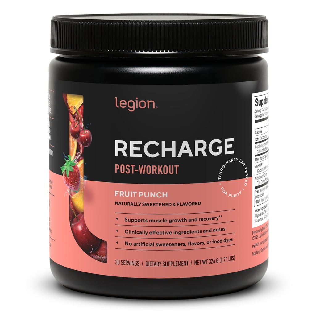 LEGION Recharge Post Workout dodatek - All Natural Muscle Builder & Recovery Drink z mikroniziranim kreatin monohidrat. Naravno sladkan in aromatiziran, varen in zdrav (Fruit Punch, 30 Serve)
