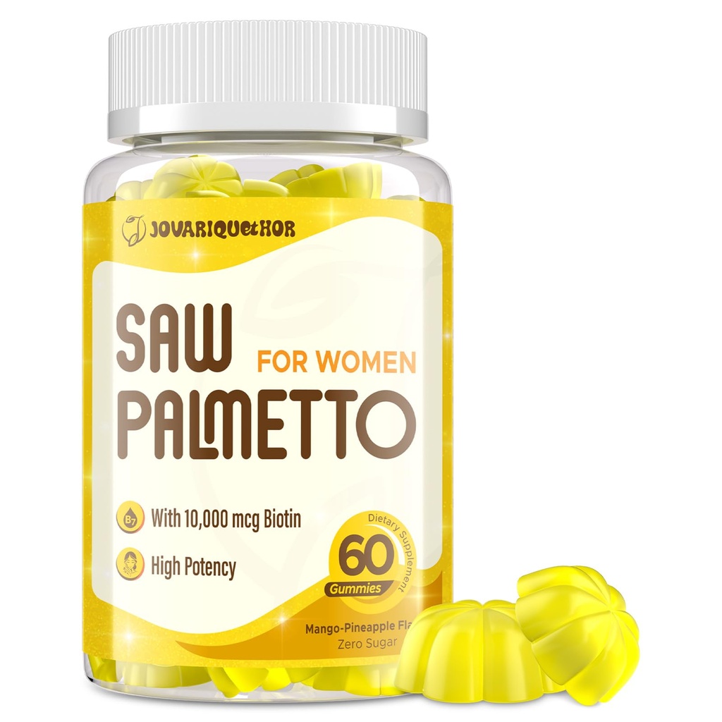 Saw Palmetto za ženske - DHT bloker las Rastni dodatek - 500mg Potentna žaga Palmetto Gumies za lase, kožo, nohti, Dobrote urina - Mango-Pineapple aroma - 60 Gumies