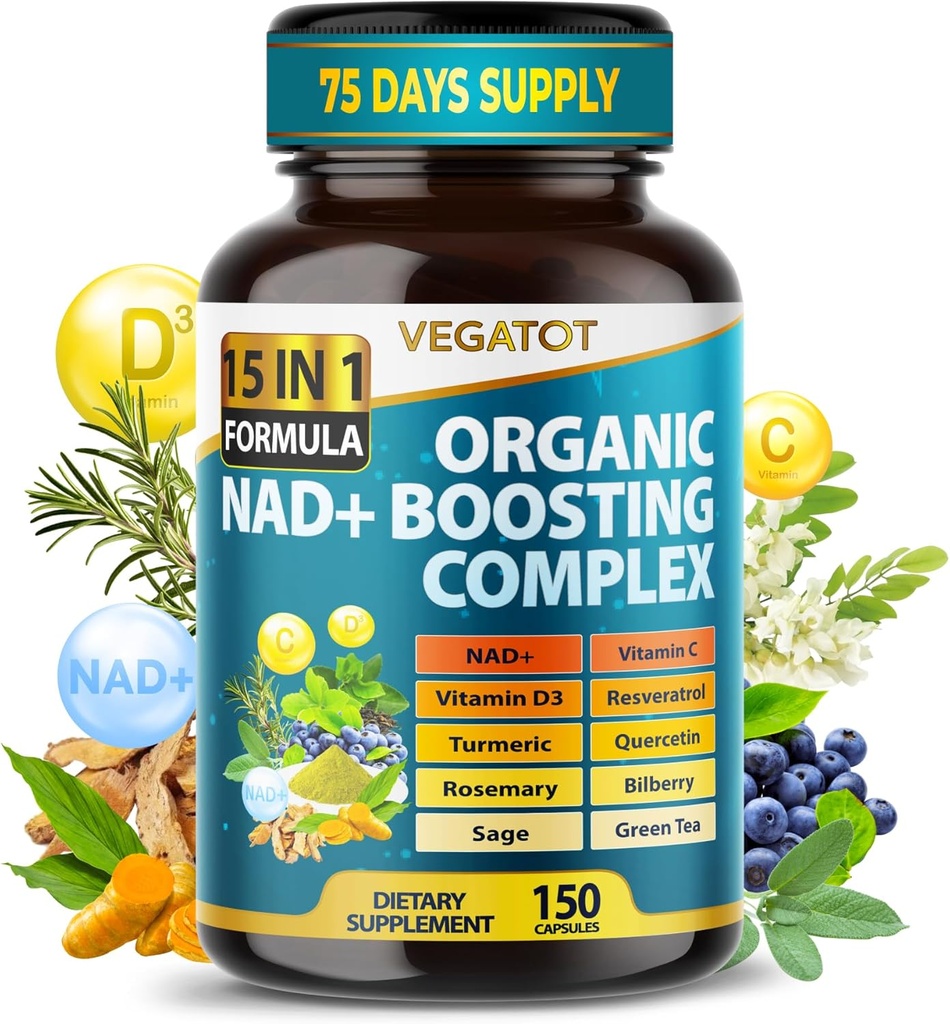 VEGATOT NAD+ Boosting Complex - NAD dopolnila za ženske in moške 15-v-1 Formula z Resveratrol kurkuma Quercetin Rosemary borovnice čaj