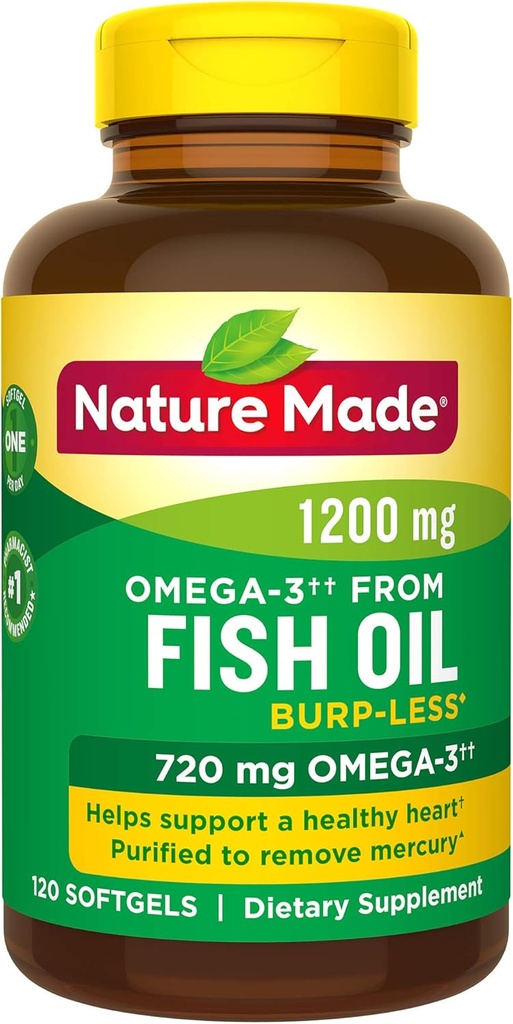 Burp-manj ribje olje 1200 mg enkrat na dan, 120 softgels, ribje olje Omega 3 Dopolnilo za zdravje srca
