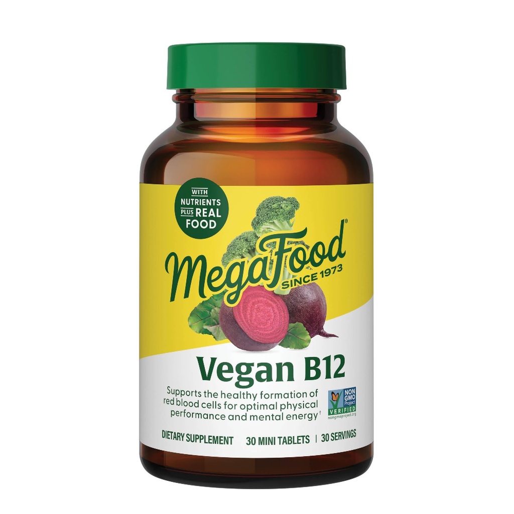 MegaFood Vegan Vitamin B12, Vitamin B dodatek z vitaminom B6, B12 Vitamini in Folna kislina, Podpira proizvodnjo celične energije, zdravje živčevja in kardiovaskularne funkcije - 30 tablet