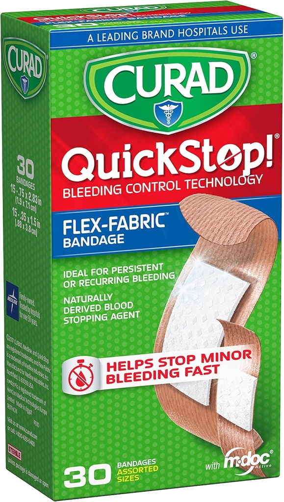 CURAD QuickStop Krvni nadzor Fleksibilne tkanine Bandages, Razvrščene velikosti, 30 Štetje